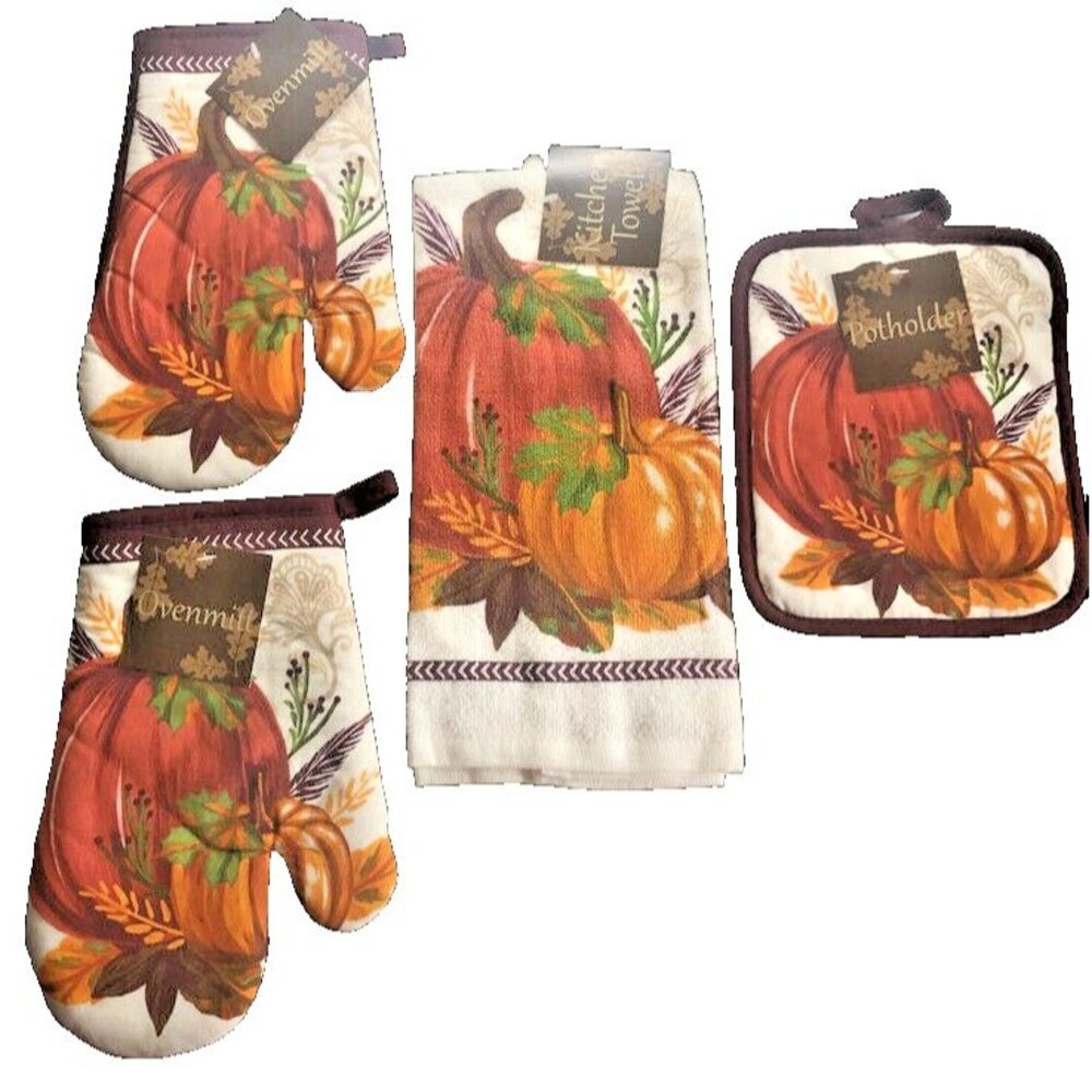 Pumpkin Kitchen Dish Towel Oven Mitts Potholder Thanksgiving Autumn Set of 4